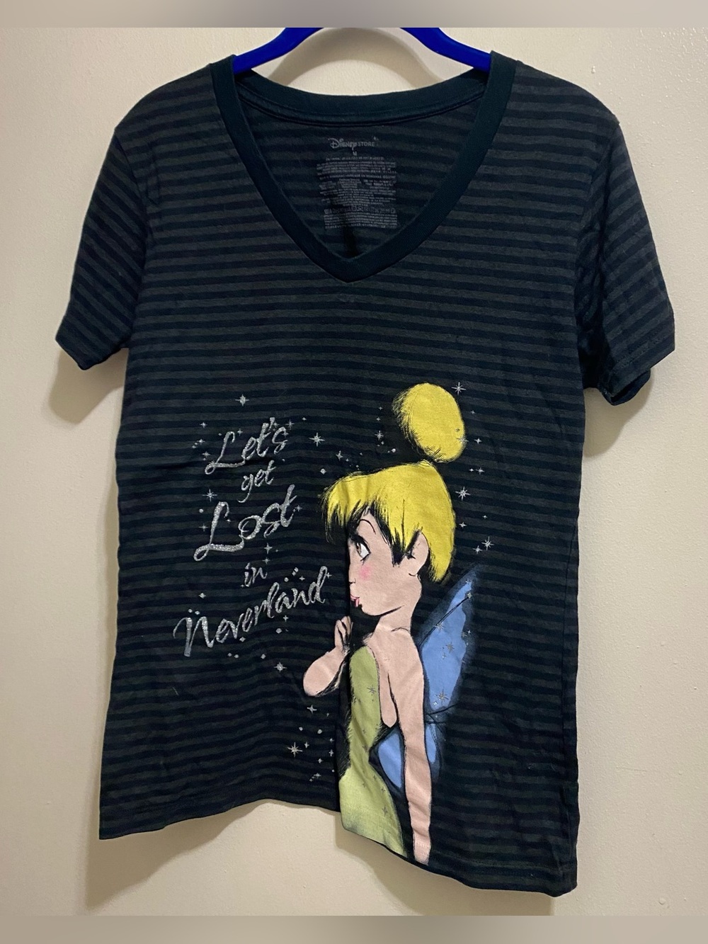 Disney Womens M Tinkerbell Tee T Shirt Let’s Get Lost In Neverland Black Stripes